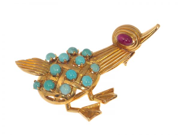 Vintage 1950s Gold Duck Brooch with Turquoise and Ruby