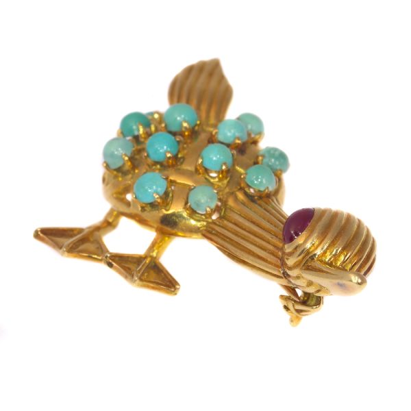 Vintage 18ct Yellow Gold Duck Brooch with Turquoise and Ruby, Circa 1950
