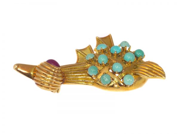 Vintage 18ct Yellow Gold Duck Brooch with Turquoise and Ruby, Circa 1950