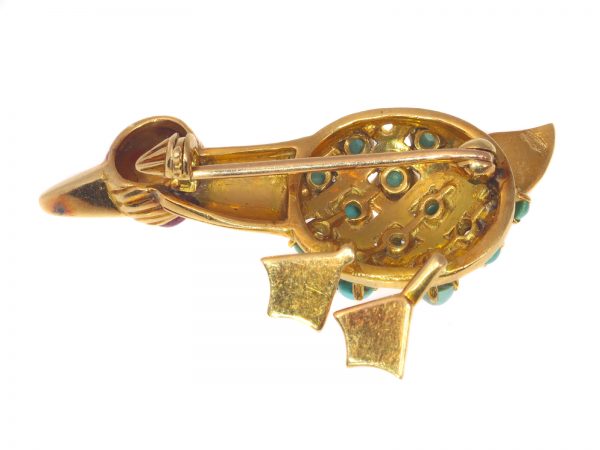 Vintage 18ct Yellow Gold Duck Brooch with Turquoise and Ruby, Circa 1950