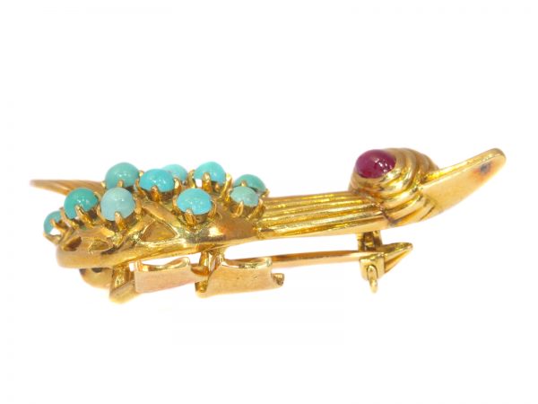 Vintage 18ct Yellow Gold Duck Brooch with Turquoise and Ruby