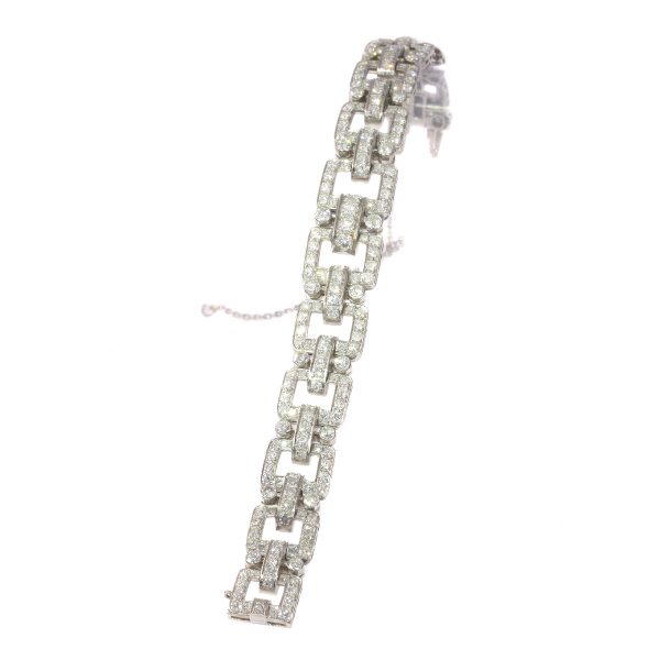 Vintage Art Deco Style Diamond Bracelet in Platinum; open square cushion-shaped links encrusted with 227 round brilliant-cut diamonds totalling 10.06 carats, Circa 1950