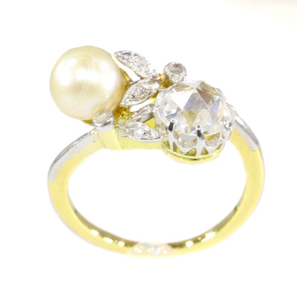 Belle Epoque Rose Cut Diamond and Pearl Two Stone Crossover Ring