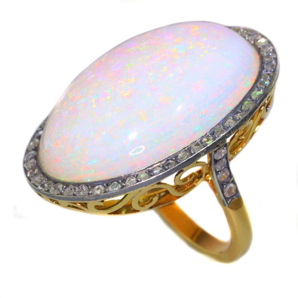 Vintage 30.45 Carat Opal And Diamond Ring In 18 Carat Yellow Gold And Silver