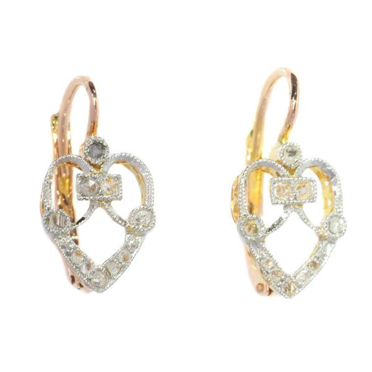 Belle Epoque Rose Cut Diamond Heart Drop Earrings; an openwork heart design set with twenty rose-cut diamonds, on 18ct rose gold, Circa 1900