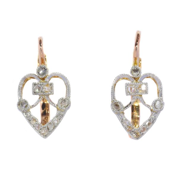 Belle Epoque Rose Cut Diamond Heart Drop Earrings; an openwork heart design set with twenty rose-cut diamonds, on 18ct rose gold, Circa 1900