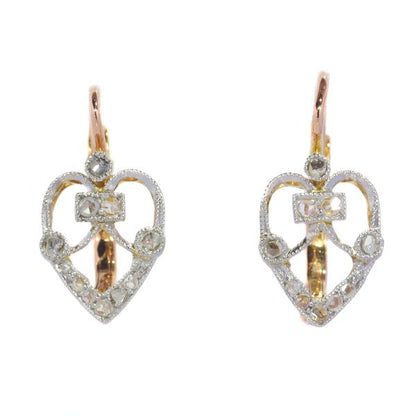 Belle Epoque Rose Cut Diamond Heart Drop Earrings; an openwork heart design set with twenty rose-cut diamonds, on 18ct rose gold, Circa 1900