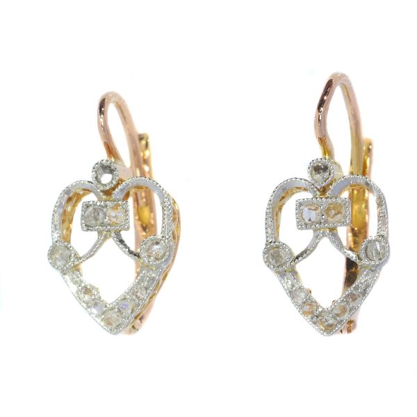 Belle Epoque Rose Cut Diamond Heart Drop Earrings; an openwork heart design set with twenty rose-cut diamonds, on 18ct rose gold, Circa 1900