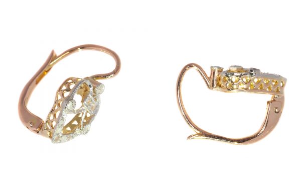 Belle Epoque Rose Cut Diamond Heart Drop Earrings; an openwork heart design set with twenty rose-cut diamonds, on 18ct rose gold, Circa 1900