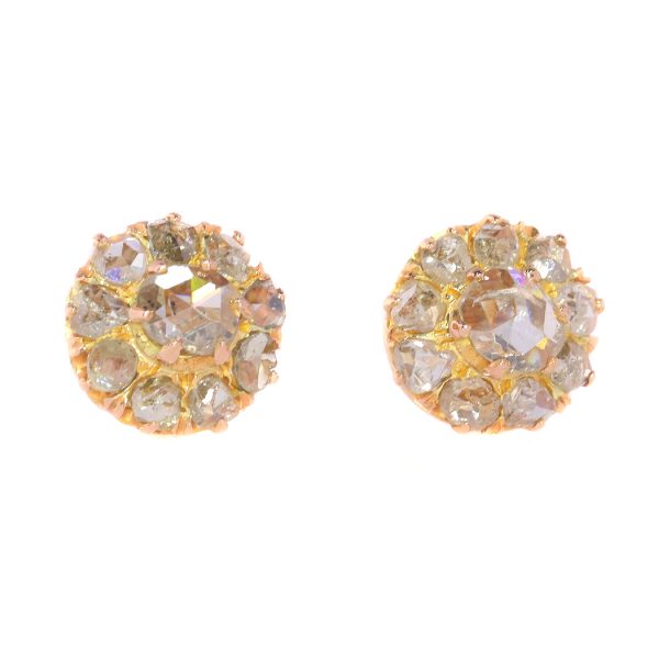 Antique Victorian Rose Cut Diamond Cluster Stud Earrings, featuring twenty rose-cut diamond set in 18ct rose gold, late 19th century, Circa 1880