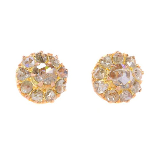 Antique Victorian Rose Cut Diamond Cluster Stud Earrings, featuring twenty rose-cut diamond set in 18ct rose gold, late 19th century, Circa 1880
