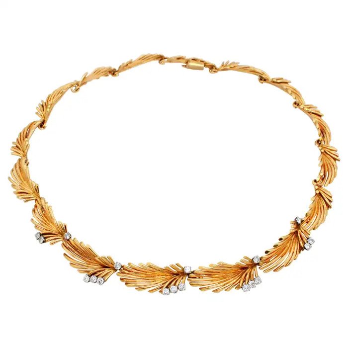 Van Cleef Arpels Diamond Set Gold Palm Leaf Feather Link Necklace