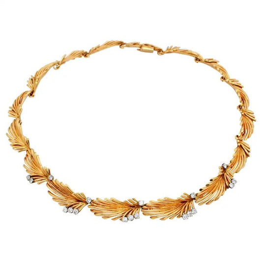 Van Cleef Arpels Diamond Set Gold Palm Leaf Feather Link Necklace