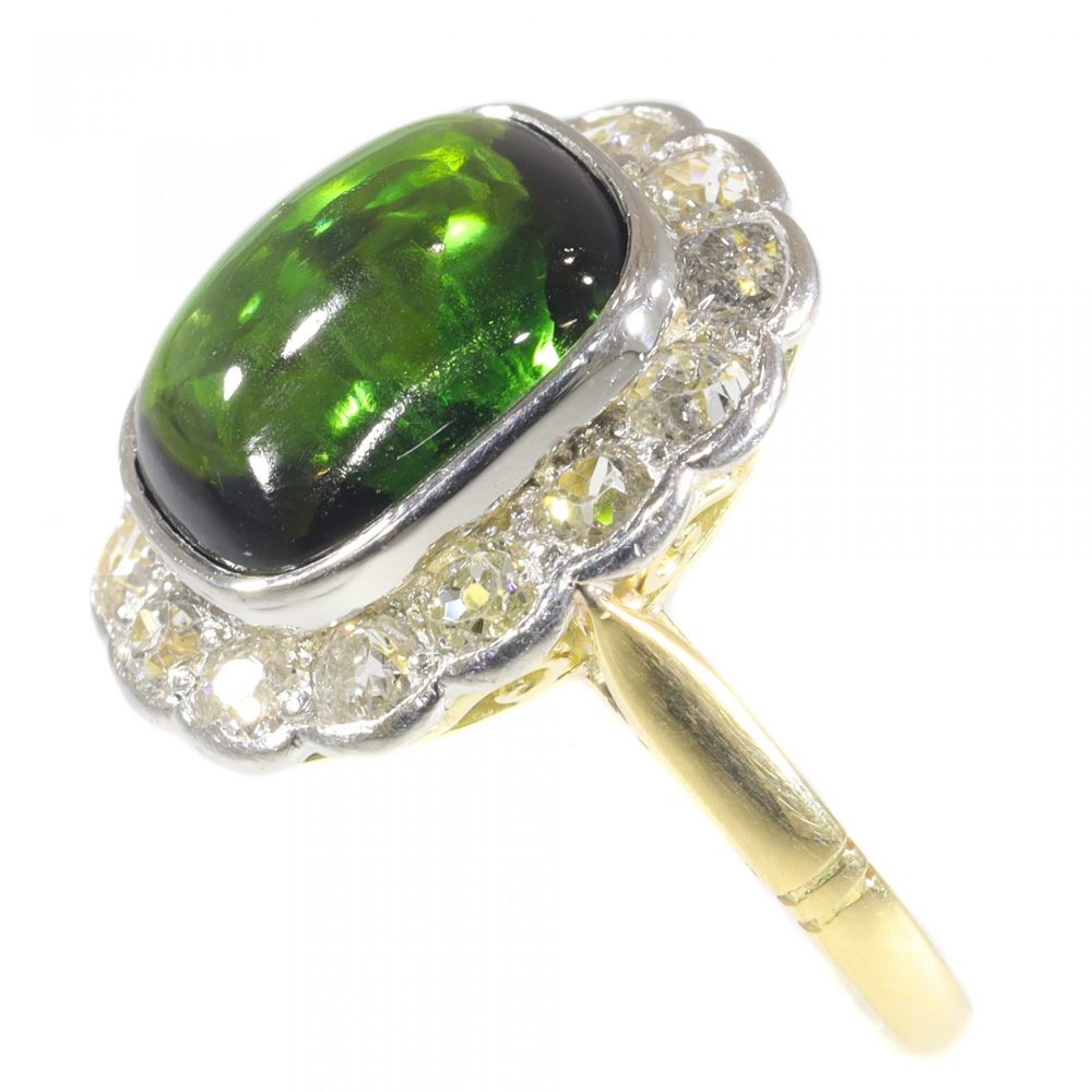 Vintage Green Tourmaline and Diamond Cluster Ring