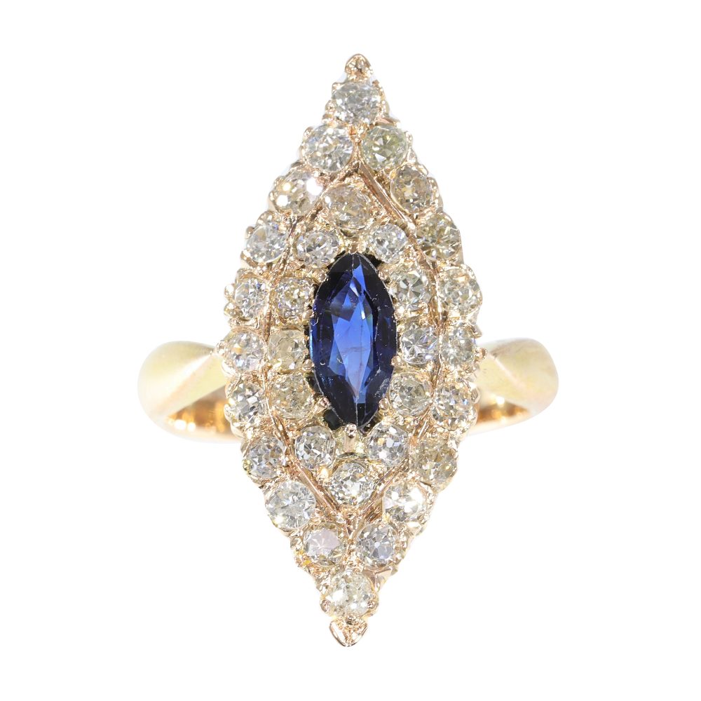 Victorian Old Cut Diamond And Sapphire Ring In 14 Carat Yellow Gold