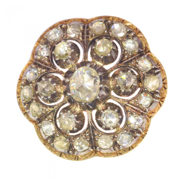 Antique Rose Cut Diamond Floral Rose Brooch; twenty-five foil-backed rose-cut diamonds in silver-upon-18ct gold. Early 20th century Circa 1920