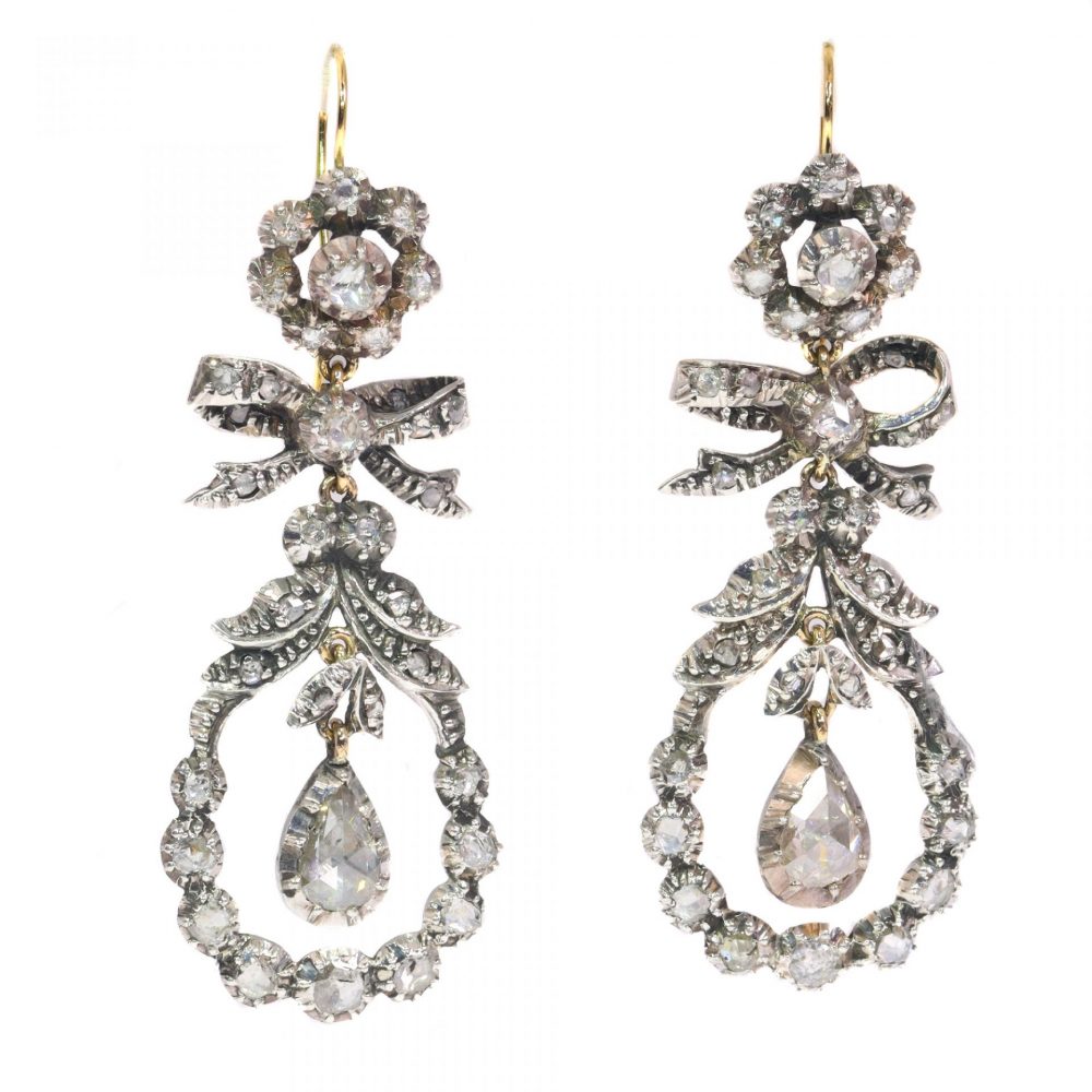 Antique 19th Century Rose Cut Diamond Cluster Drop Earrings, Circa 1870