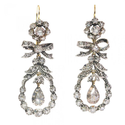 Antique 19th Century Rose Cut Diamond Cluster Drop Earrings, Circa 1870
