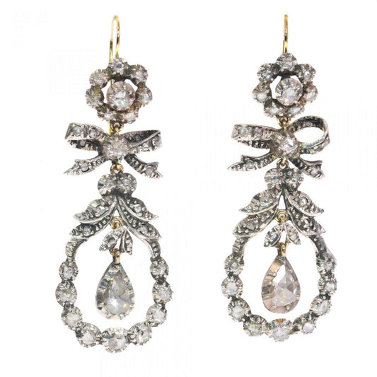 Antique 19th Century Rose Cut Diamond Cluster Drop Earrings, Circa 1870