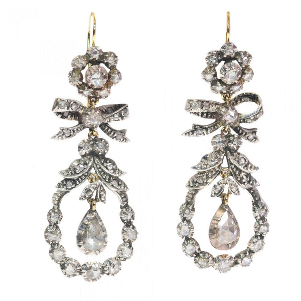 Antique 19th Century Rose Cut Diamond Cluster Drop Earrings, Circa 1870