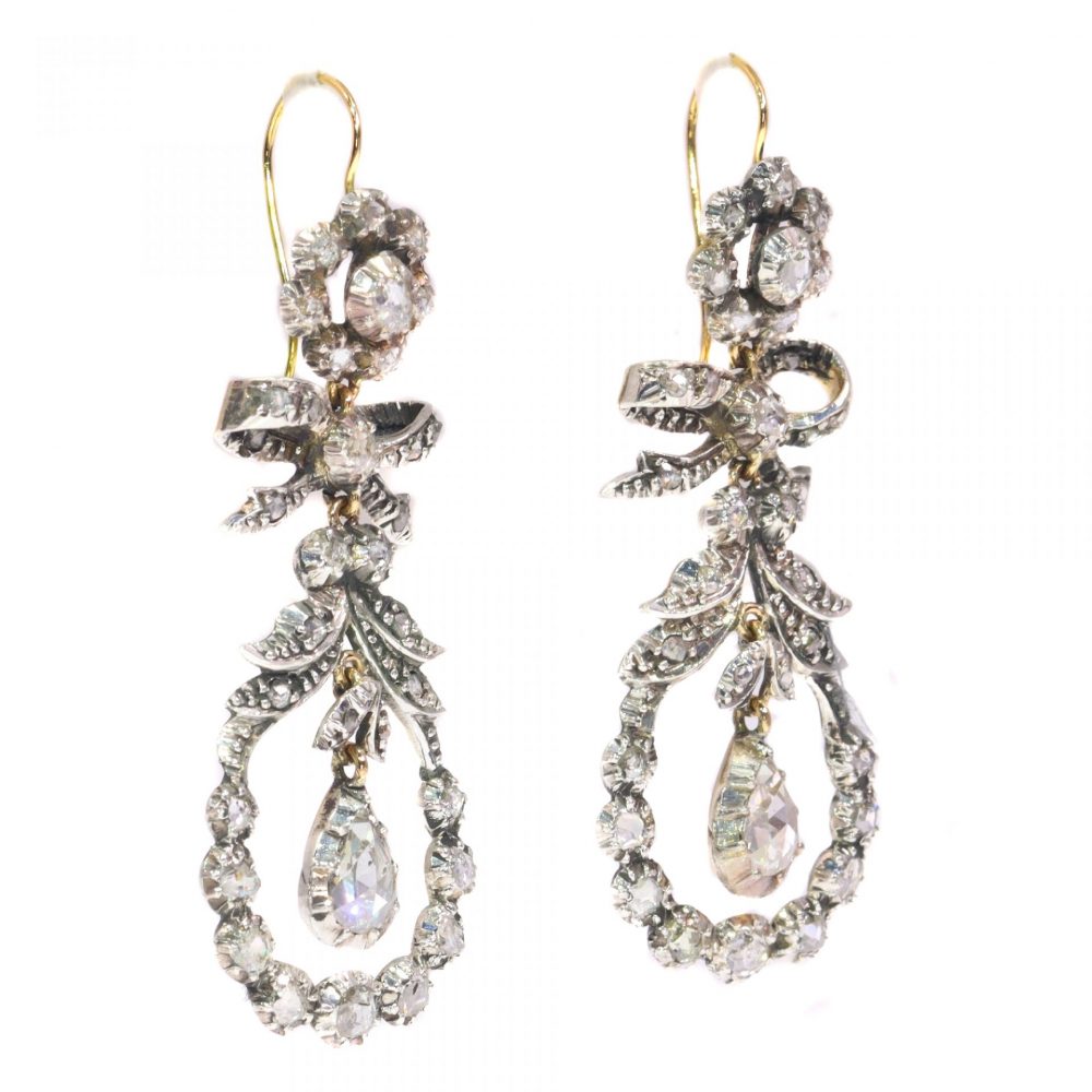 Antique 19th Century Rose Cut Diamond Cluster Drop Earrings, Circa 1870