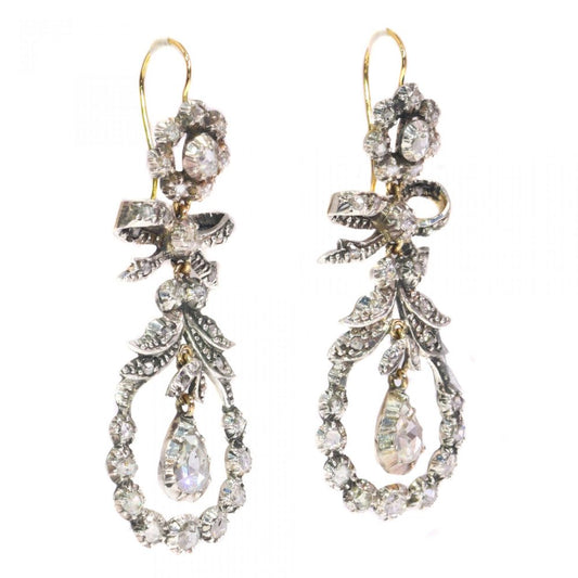 Antique 19th Century Rose Cut Diamond Cluster Drop Earrings, Circa 1870