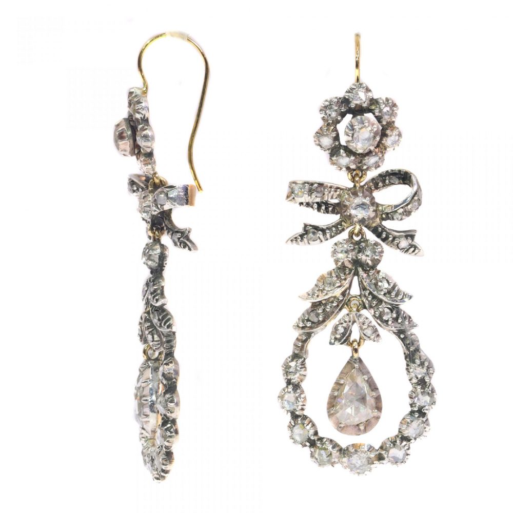 Antique 19th Century Rose Cut Diamond Cluster Drop Earrings, Circa 1870