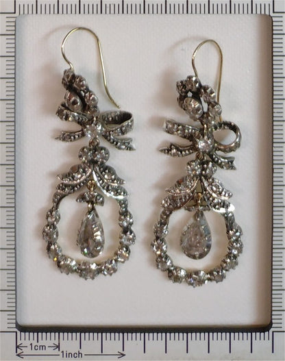 Antique 19th Century Rose Cut Diamond Cluster Drop Earrings, Circa 1870