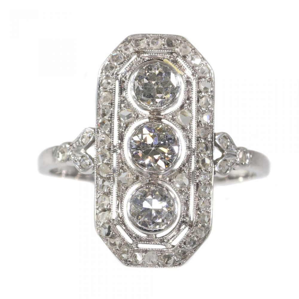 Art Deco Old Mine Cut Diamond Three Stone Plaque Dress Ring