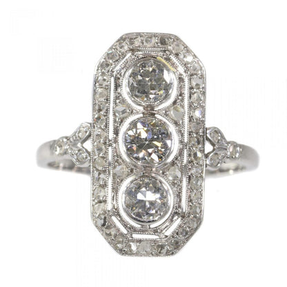 Art Deco Old Mine Cut Diamond Three Stone Plaque Dress Ring