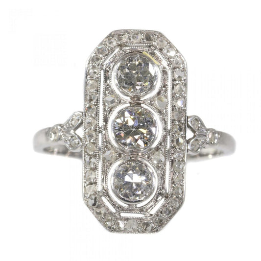 Art Deco Old Mine Cut Diamond Three Stone Plaque Dress Ring