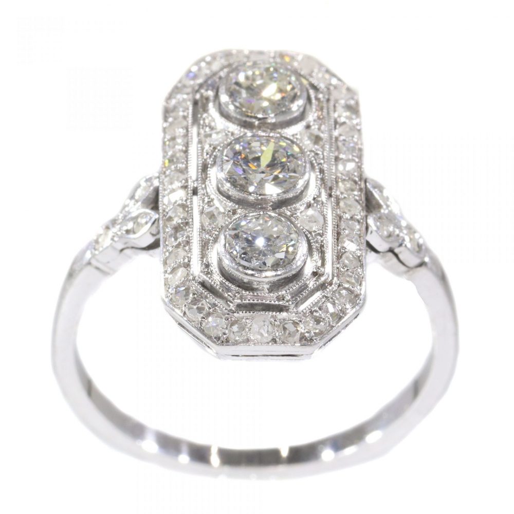 Art Deco Old Mine Cut Diamond Three Stone Plaque Dress Ring