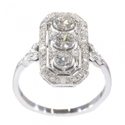 Art Deco Old Mine Cut Diamond Three Stone Plaque Dress Ring
