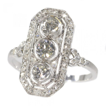 Art Deco Old Mine Cut Diamond Three Stone Plaque Dress Ring