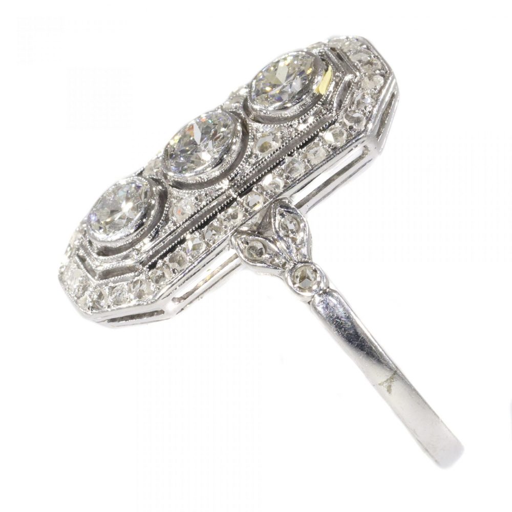 Art Deco Old Mine Cut Diamond Three Stone Plaque Dress Ring