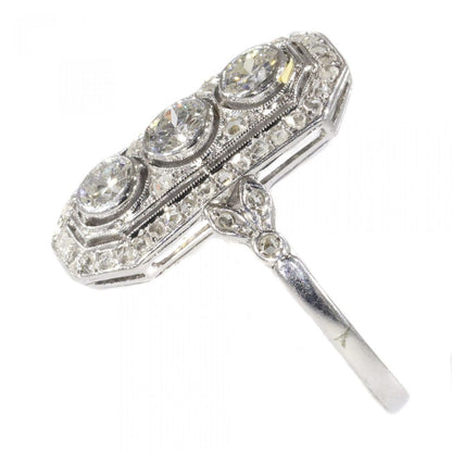 Art Deco Old Mine Cut Diamond Three Stone Plaque Dress Ring