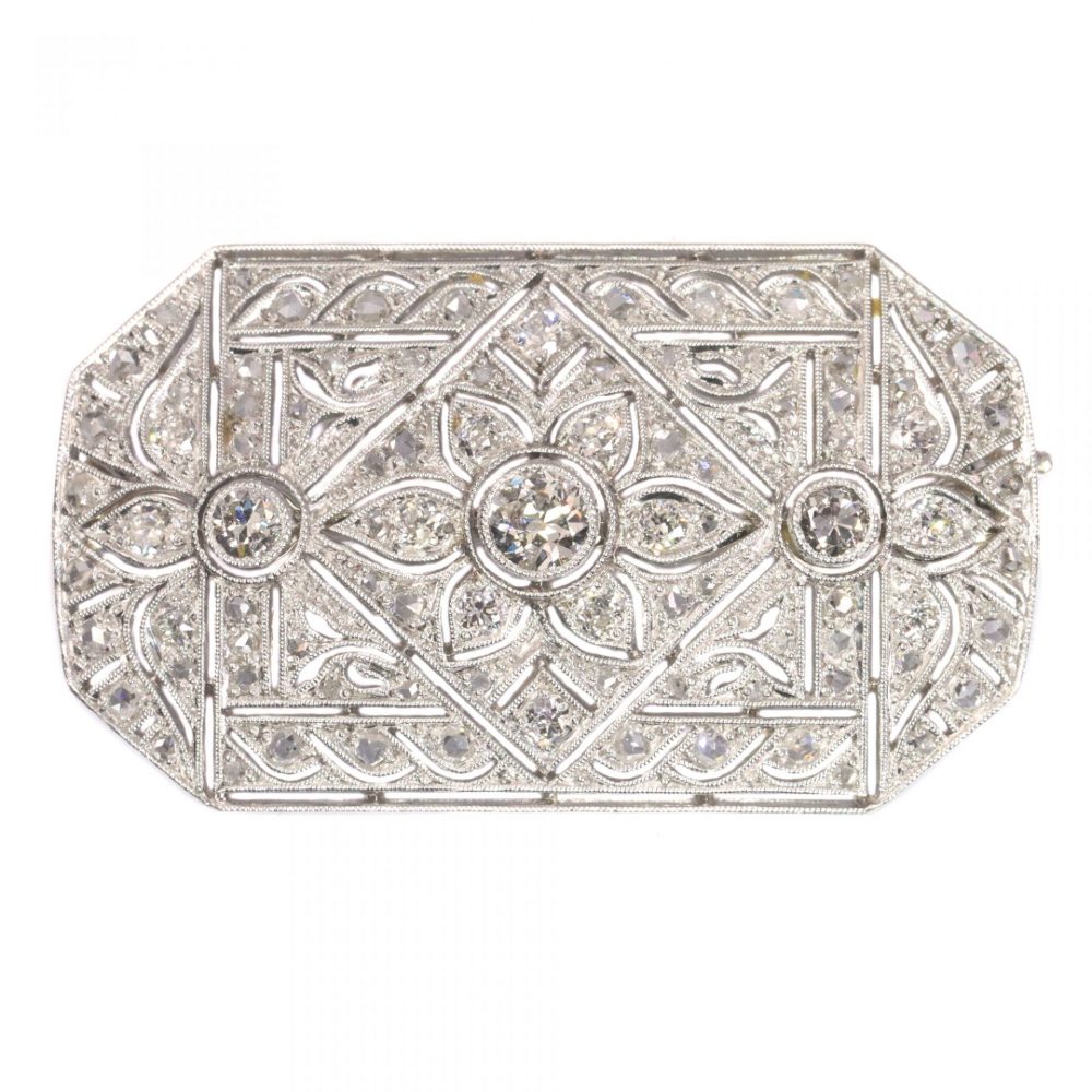 Art Deco Old Cut Diamond Brooch in Platinum and 14ct Gold