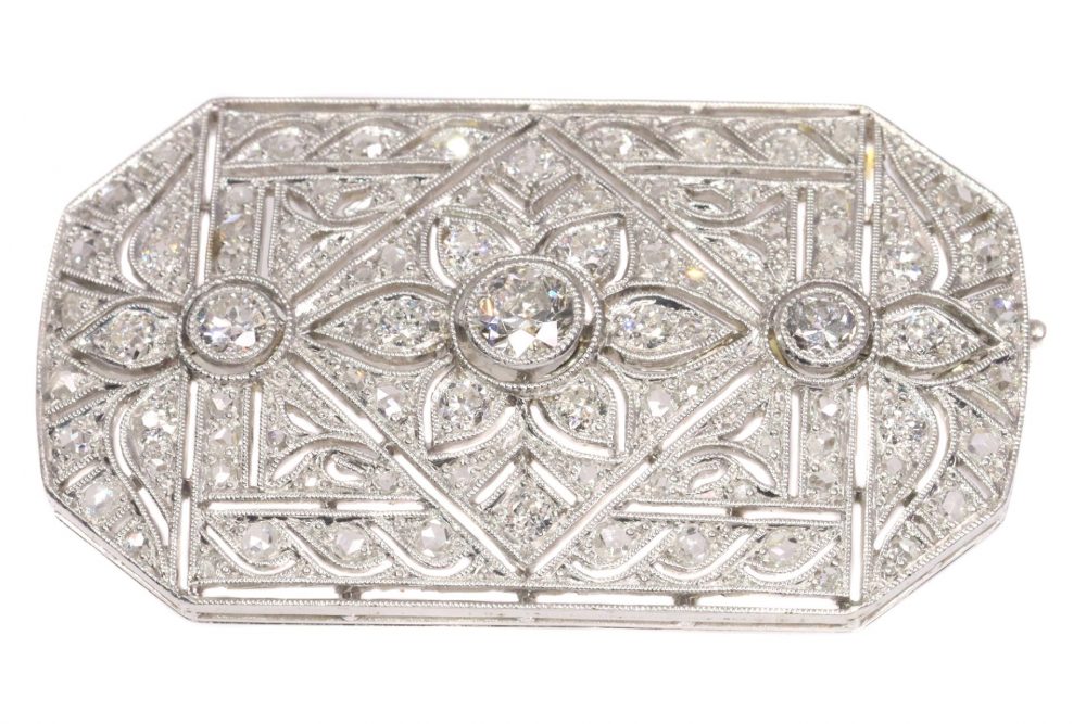 Art Deco Old Cut Diamond Brooch in Platinum and 14ct Gold