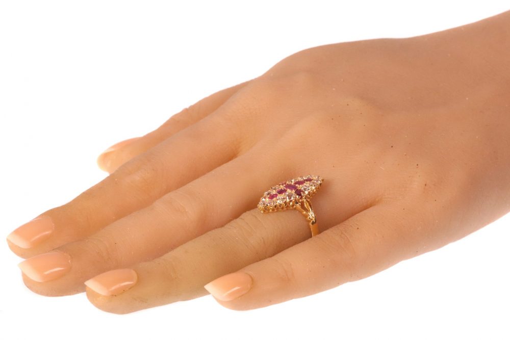 Antique Victorian Old Cut Diamond and Ruby Navette Cluster Ring