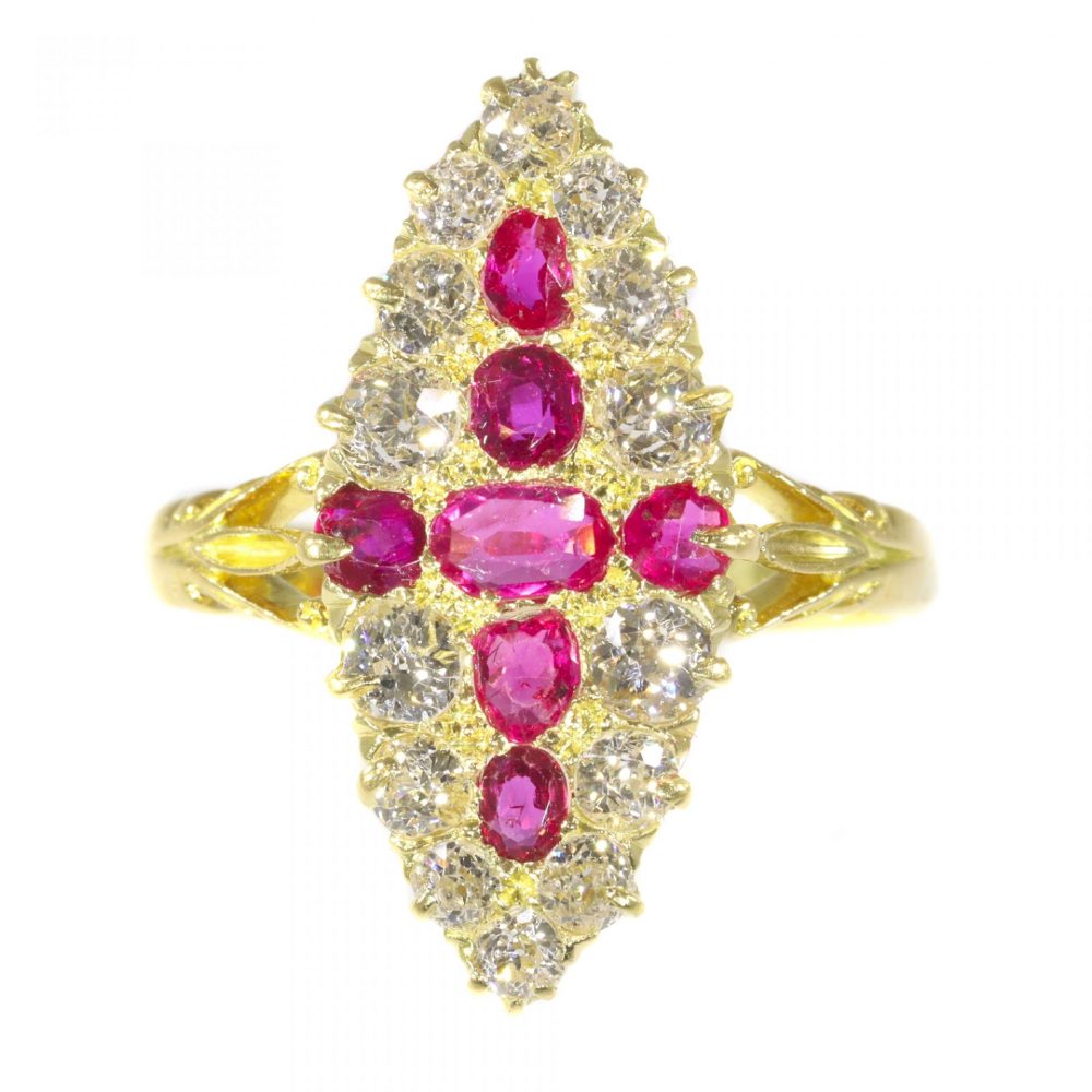 Antique Victorian Old Cut Diamond and Ruby Navette Cluster Ring