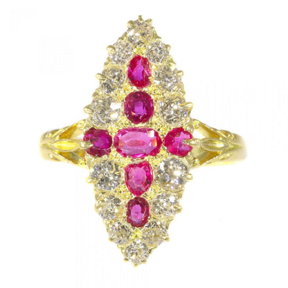 Antique Victorian Old Cut Diamond and Ruby Navette Cluster Ring