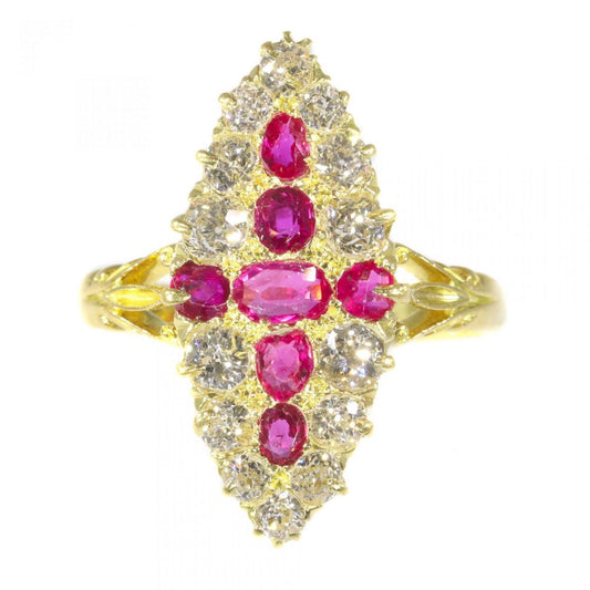 Antique Victorian Old Cut Diamond and Ruby Navette Cluster Ring