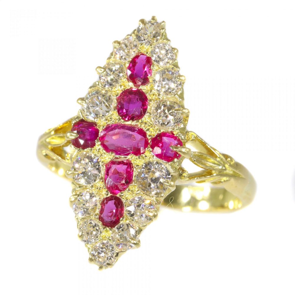 Antique Victorian Old Cut Diamond and Ruby Navette Cluster Ring