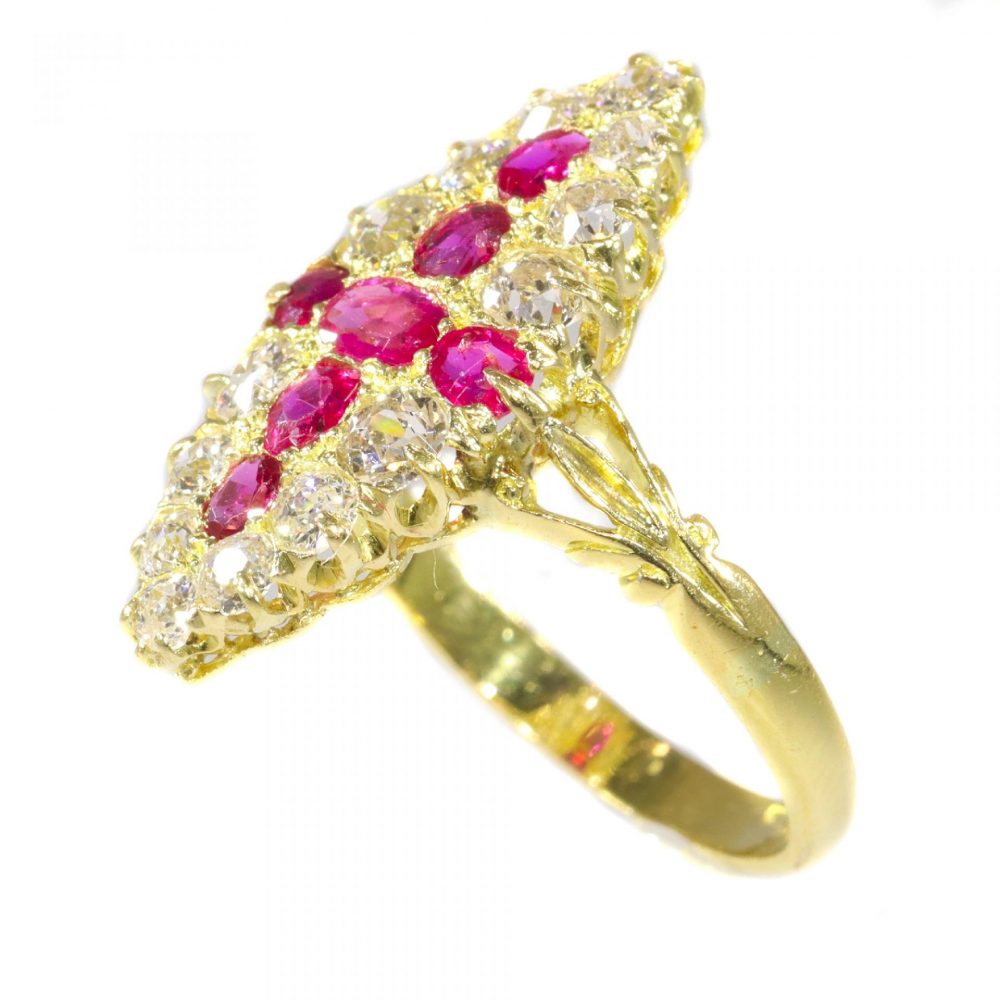 Antique Victorian Old Cut Diamond and Ruby Navette Cluster Ring