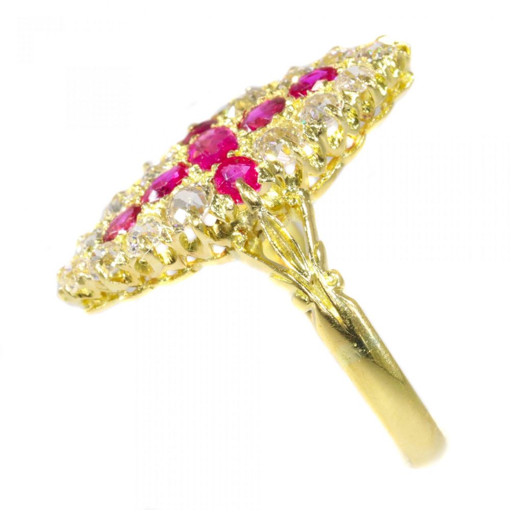 Antique Victorian Old Cut Diamond and Ruby Navette Cluster Ring