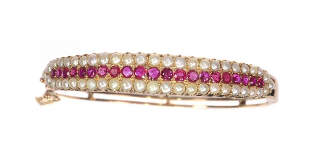 Antique Natural Pearl and Ruby Bangle Bracelet