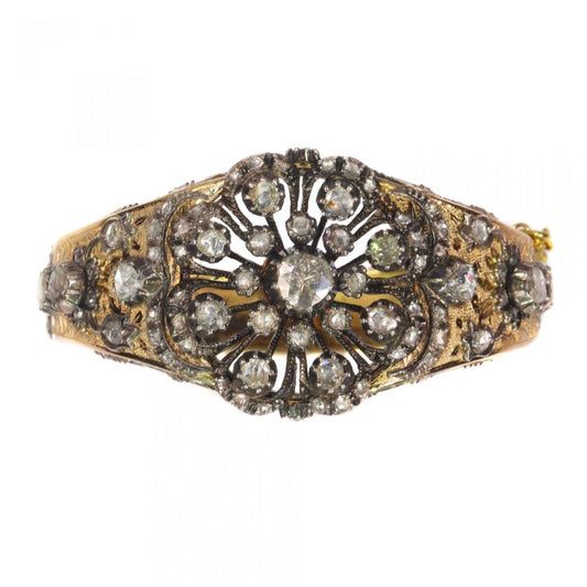 Vintage Rose Cut Diamond Floral Cluster Bangle Bracelet; late Art Deco Victorian style, Circa 1930