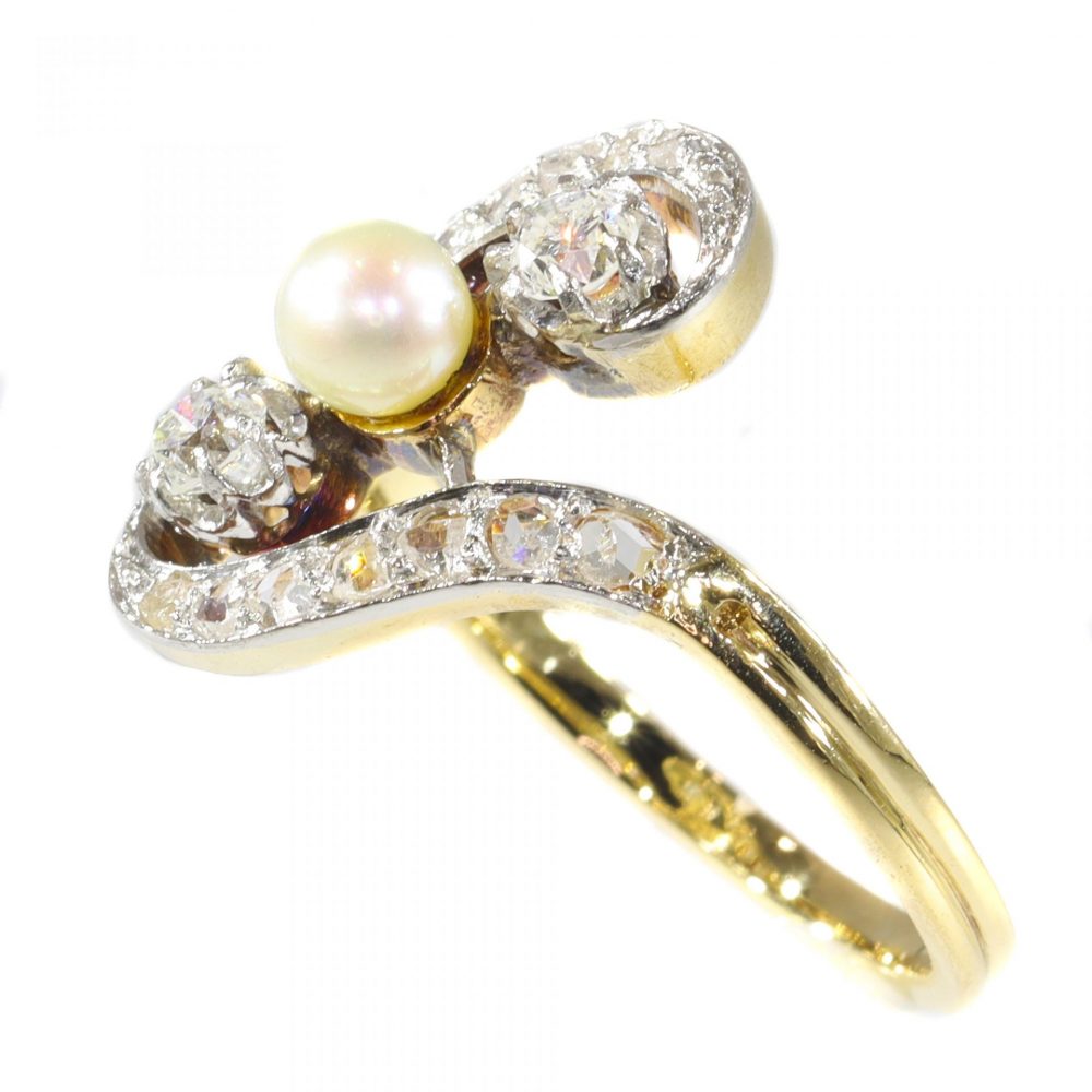 Antique Belle Epoque Diamond and Pearl Three Stone Crossover Ring