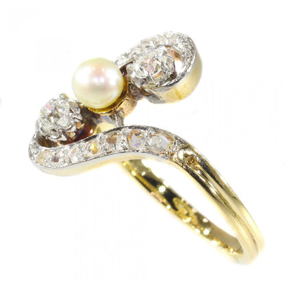 Antique Belle Epoque Diamond and Pearl Three Stone Crossover Ring