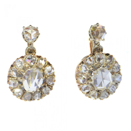 Antique Rose Cut Diamond Cluster Drop Earrings